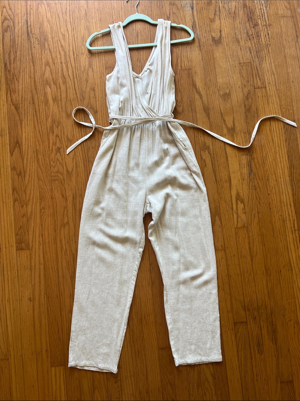 Women's Linen Cream Sleeveless Wrap Jumpsuit w Pockets